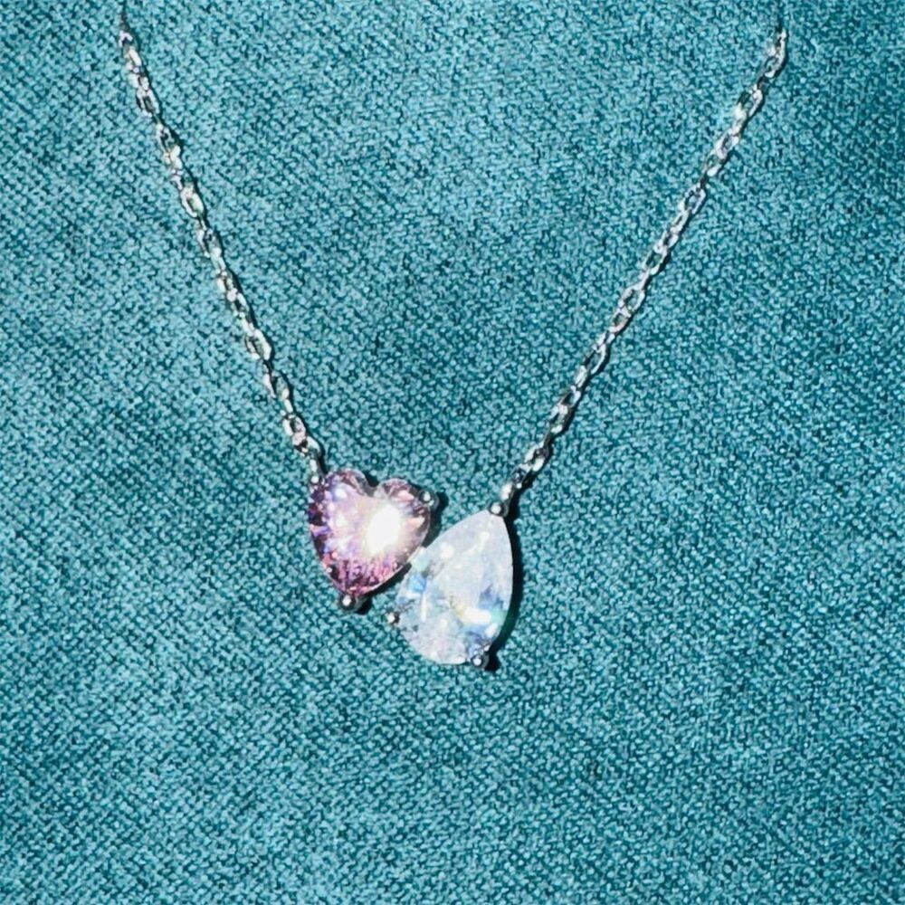 Pink Heart White Pear-Shaped Cubic Zirconia You & Me Necklace in Sterling Silver - Picture 7 of 16